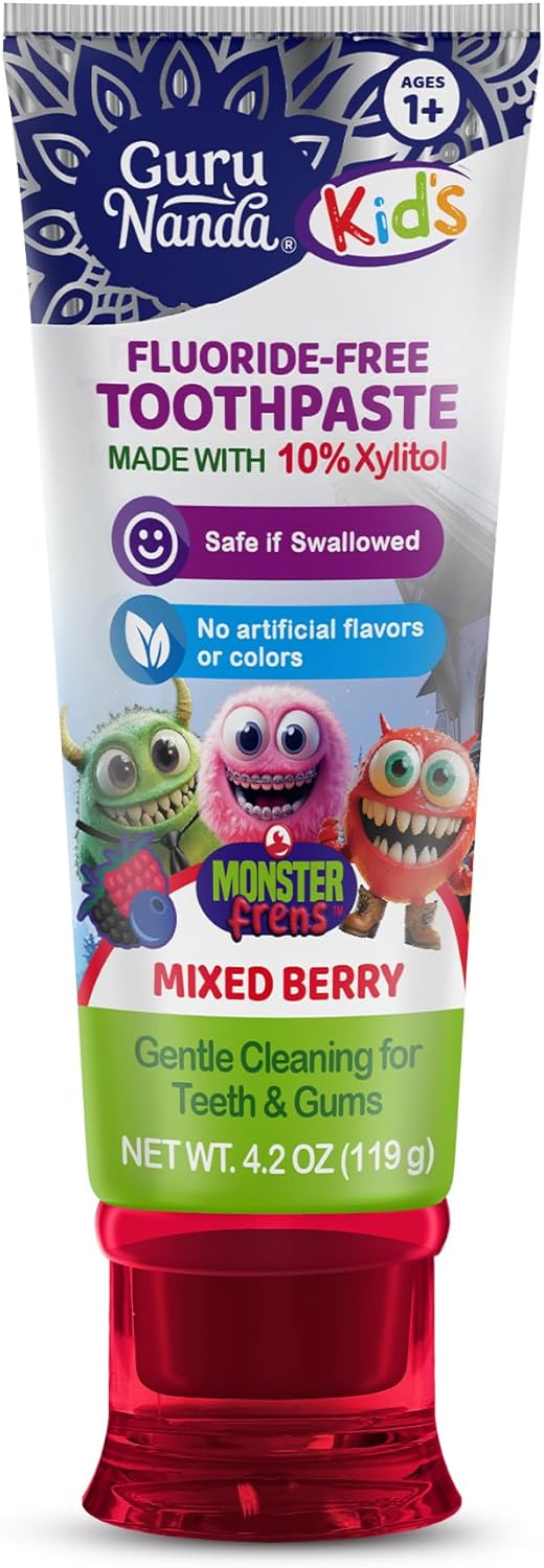 GuruNanda Kids Toothpaste for Toddlers with 10% Xylitol – Fluoride-Free, Mixed Berry Flavor, Safe if Swallowed, Gentle & Safe for Young Teeth & Gums, 4.2 oz