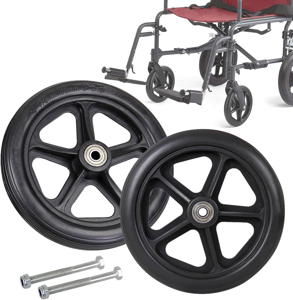 WORDFUN Wheelchair Front Wheels Replacement Parts, 2X Solid Tires Front Wheel, Quiet Wheelchair Caster Wheels, Replacement Part Tool, 265-lb Load Capacity, Easy to Scroll