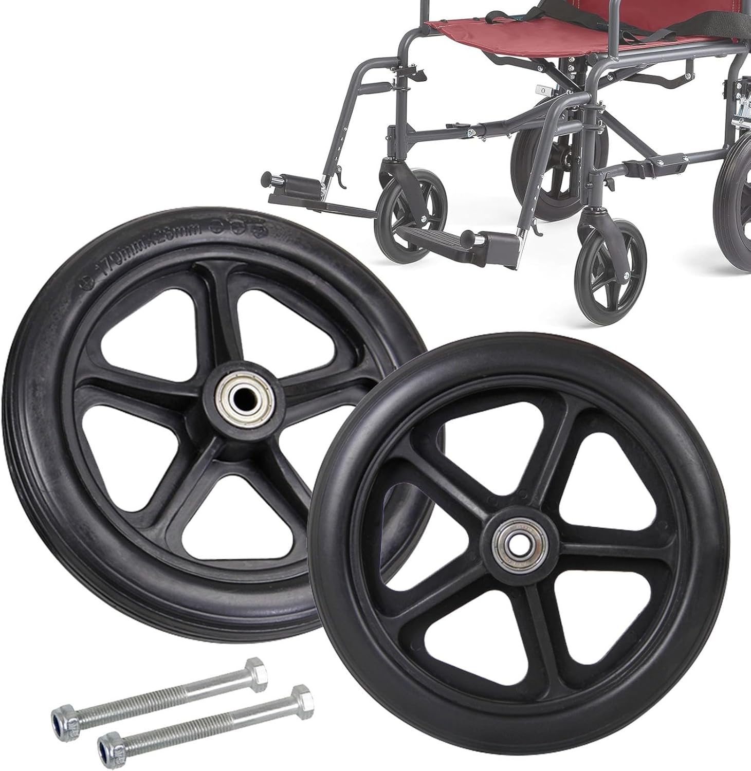 WORDFUN Wheelchair Front Wheels Replacement Parts, 2X Solid Tires Front Wheel, Quiet Wheelchair Caster Wheels, Replacement Part Tool, 265-lb Load Capacity, Easy to Scroll
