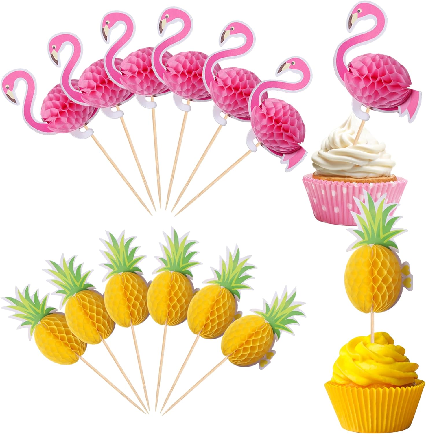 36 PCS Hawaiian Luau 3D Pineapple Cupcake Toppers Tropical Flamingo Cupcake Picks for Summer Hawaii Luau Tropical Aloha Theme Baby Shower Birthday Wedding Party Cake Decorations Supplies