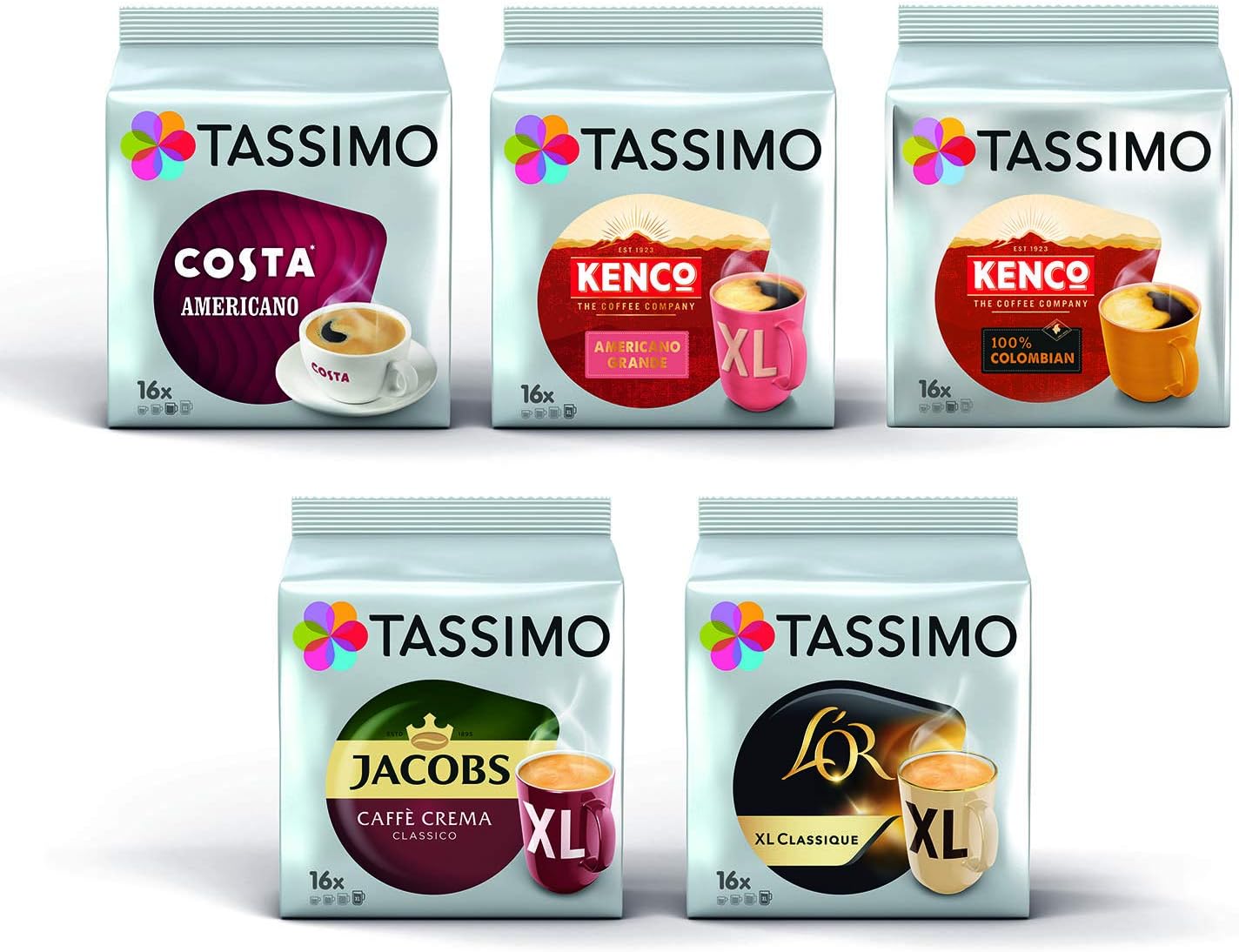 Tassimo Black Coffee Bundle - Costa Americano, Kenco Pure Colombian/Americano Grande, L'Or Classique XL, Jacobs Caffe Crema Classico XL pods - Pack of 5 (80 Servings)