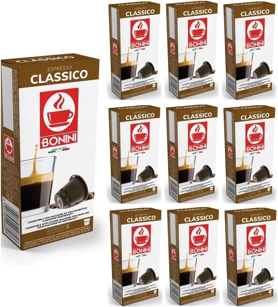 Bonini CLASSICO Coffee Pods Compatible with Nespresso 100% Italian Coffee Capsules (Pack of 10, Total 100 Pods)