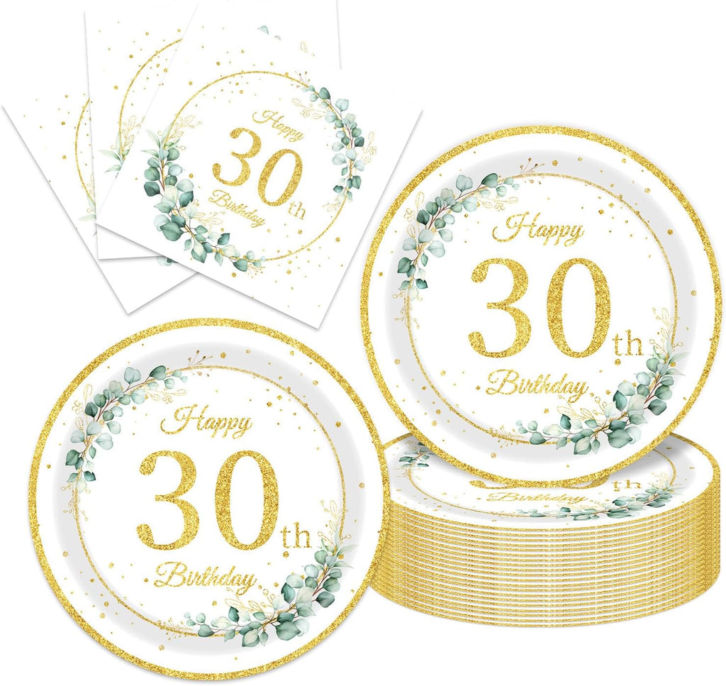 40Pcs Sege Greenery 30th Birthday Decorations for Her Him Eucalyptus-themed Plates and Napkins Set Party Supplies Disposable Sage Tableware for Men Women Happy 30th Birthday Decorations