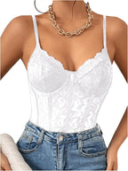 Milumia Women's Sexy Sheer Mesh Lace Bodysuit Spaghetti Strap Bustier Corset Tops Rave Party Club