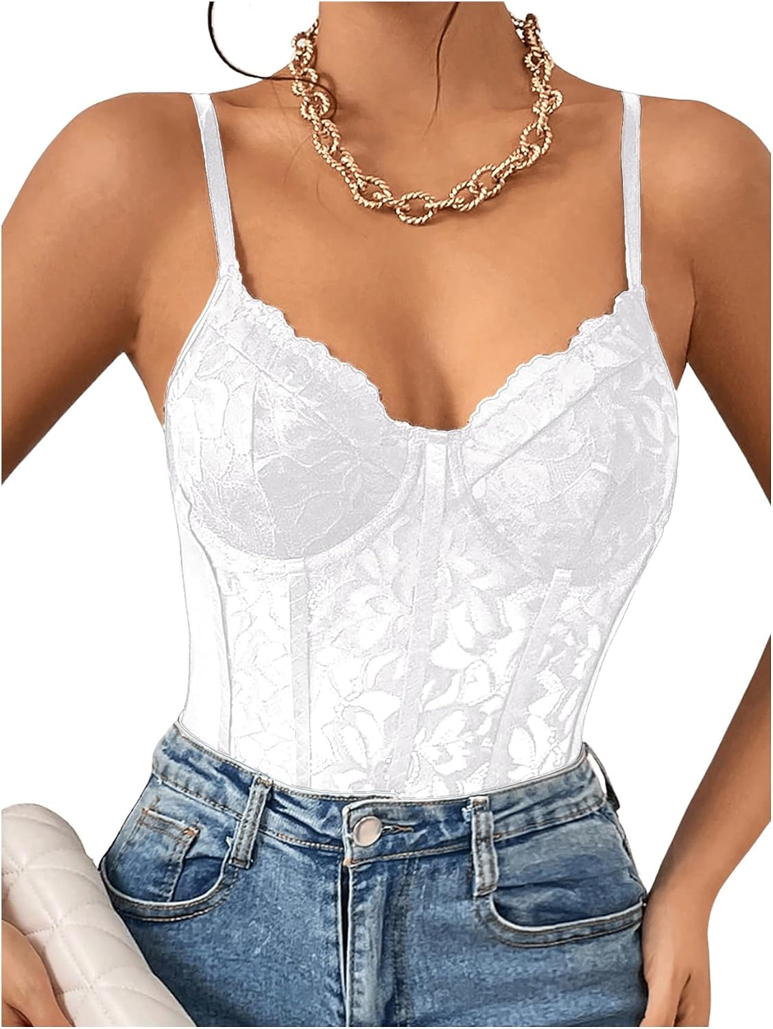 Milumia Women's Sexy Sheer Mesh Lace Bodysuit Spaghetti Strap Bustier Corset Tops Rave Party Club