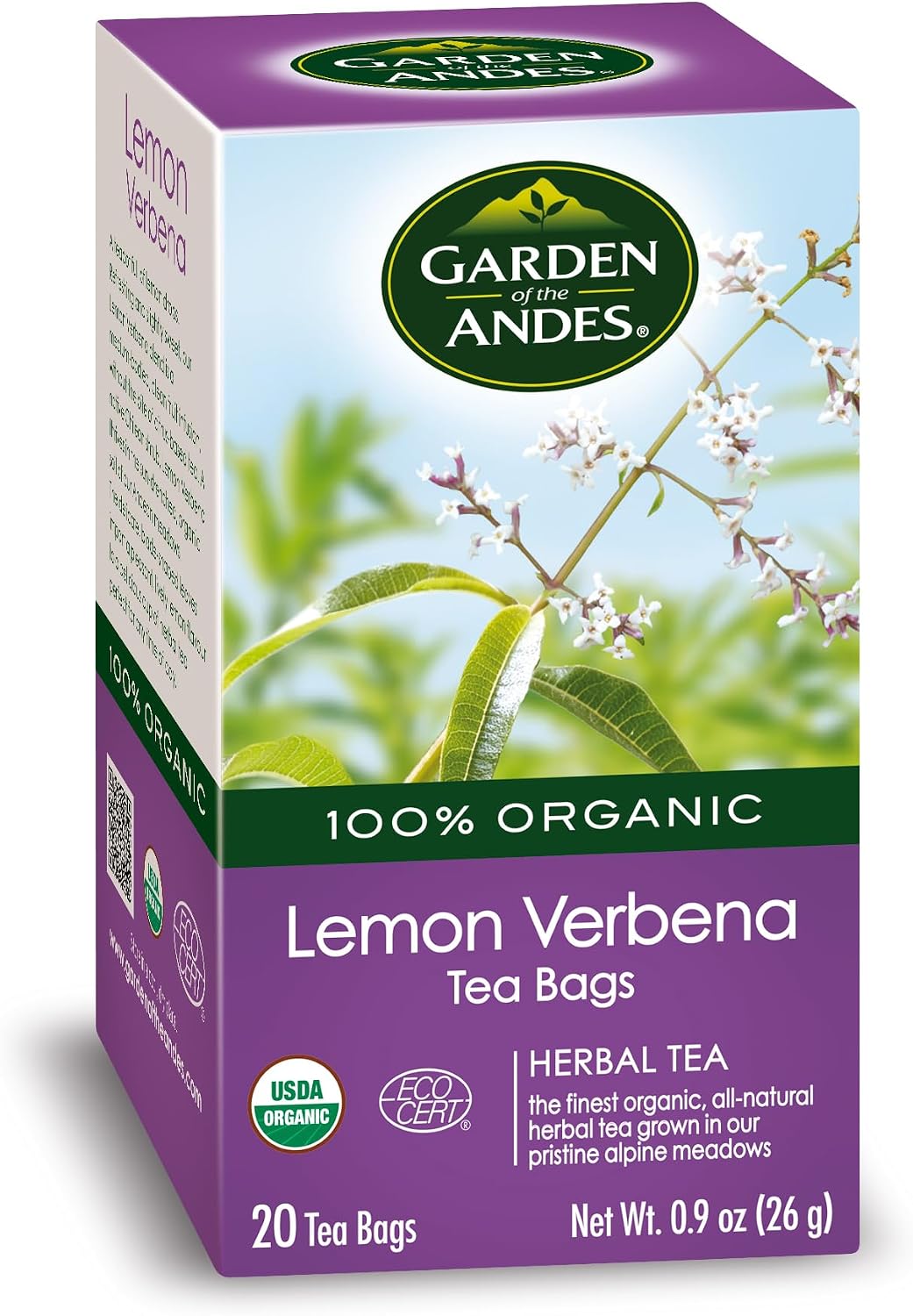 Garden of the Andes - Lemon Verbena Herbal Tea - 20 Individually Wrapped Tea Bags - USDA Organic Caffeine-Free - Bilaminate Double-Chamber Bags Preserve Aroma Light Lemony Flavor