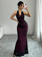 Women's Sexy Halter Neck Sleeveless Maxi Dress - Sheer Mesh Bodycon Mermaid Gown for Evening Party, Club, and Formal Events