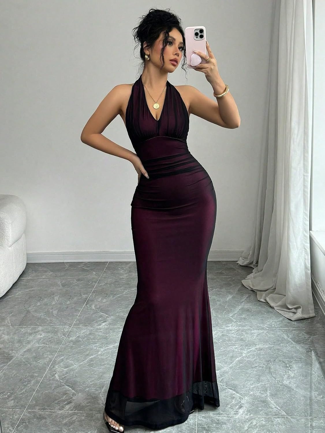 Women's Sexy Halter Neck Sleeveless Maxi Dress - Sheer Mesh Bodycon Mermaid Gown for Evening Party, Club, and Formal Events