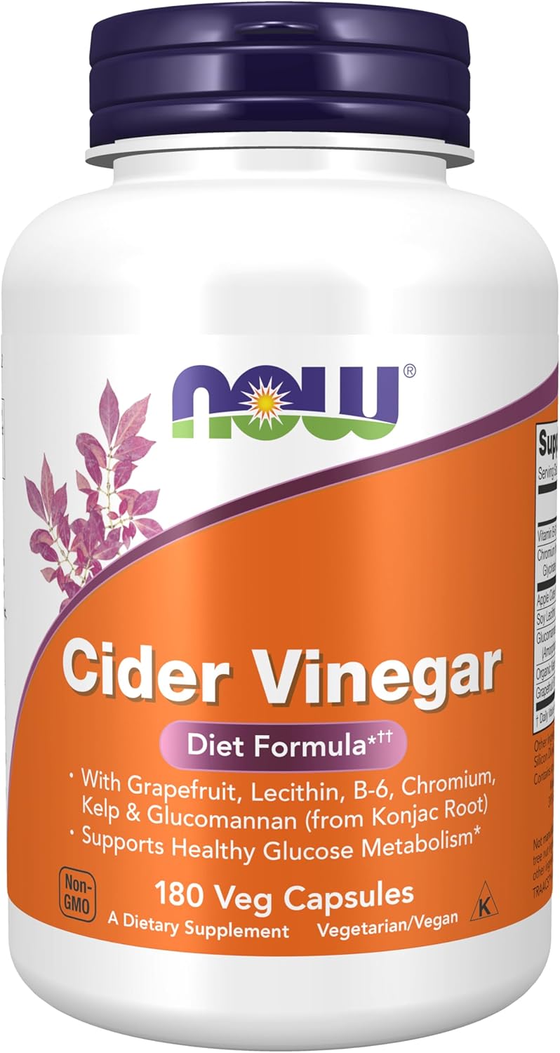 NOW Supplements, Cider Vinegar, with Grapefruit, Lecithin, B-6, Chromium, Kelp & Glucomannan (from Konjac Root), 180 Veg Capsules