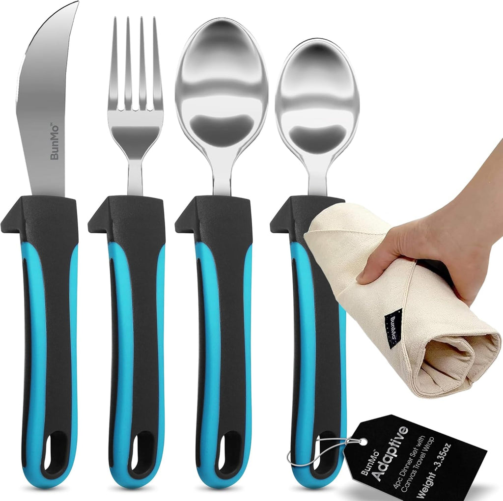 BUNMO Weighted Utensils for Hand Tremors - Elderly, Weak Hand Grip & Handicapped - Stainless Steel - Eat Independently