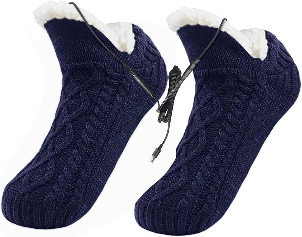 Womens USB Heated Fleece Fuzzy Socks Thermal Winter Feet Heating Pad Cozy Foot Warmer Christmas House Slipper Socks