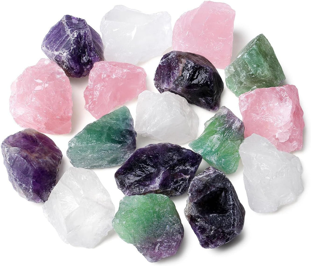 ZHIYUXI 2" Amethyst Rose Quartz Clear Quartz Fluorite Raw Crystals and Stones 4Pcs Crystals Bulk Real Huge Rocks for Tumbling Witchcraft Wrapping Fountain Rocks Cabbing Room Decor