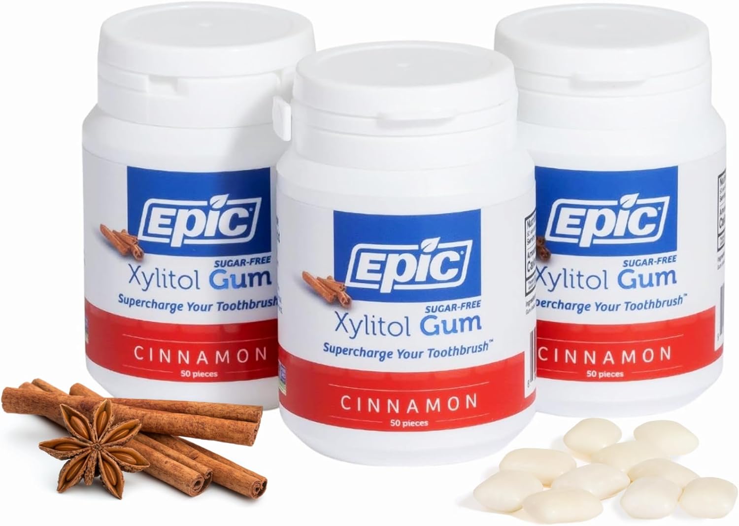 Epic 100% Xylitol Cinnamon Chewing Gum - Sugar Free, Aspartame Free Dental Gum - Supports Oral Health & Fresh Breath - 50 Pieces (Pack of 3)