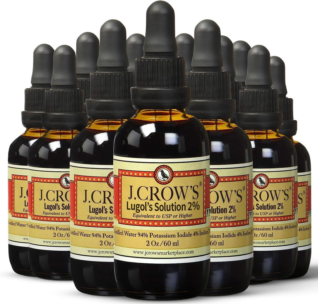 J.CROW'S® Lugol's Solution of Iodine 2% 2 oz (12 Bottles) – Premium Iodine & Potassium Iodide Liquid, Gluten &, Alcohol-Free Natural Brine Extract, No Expiration