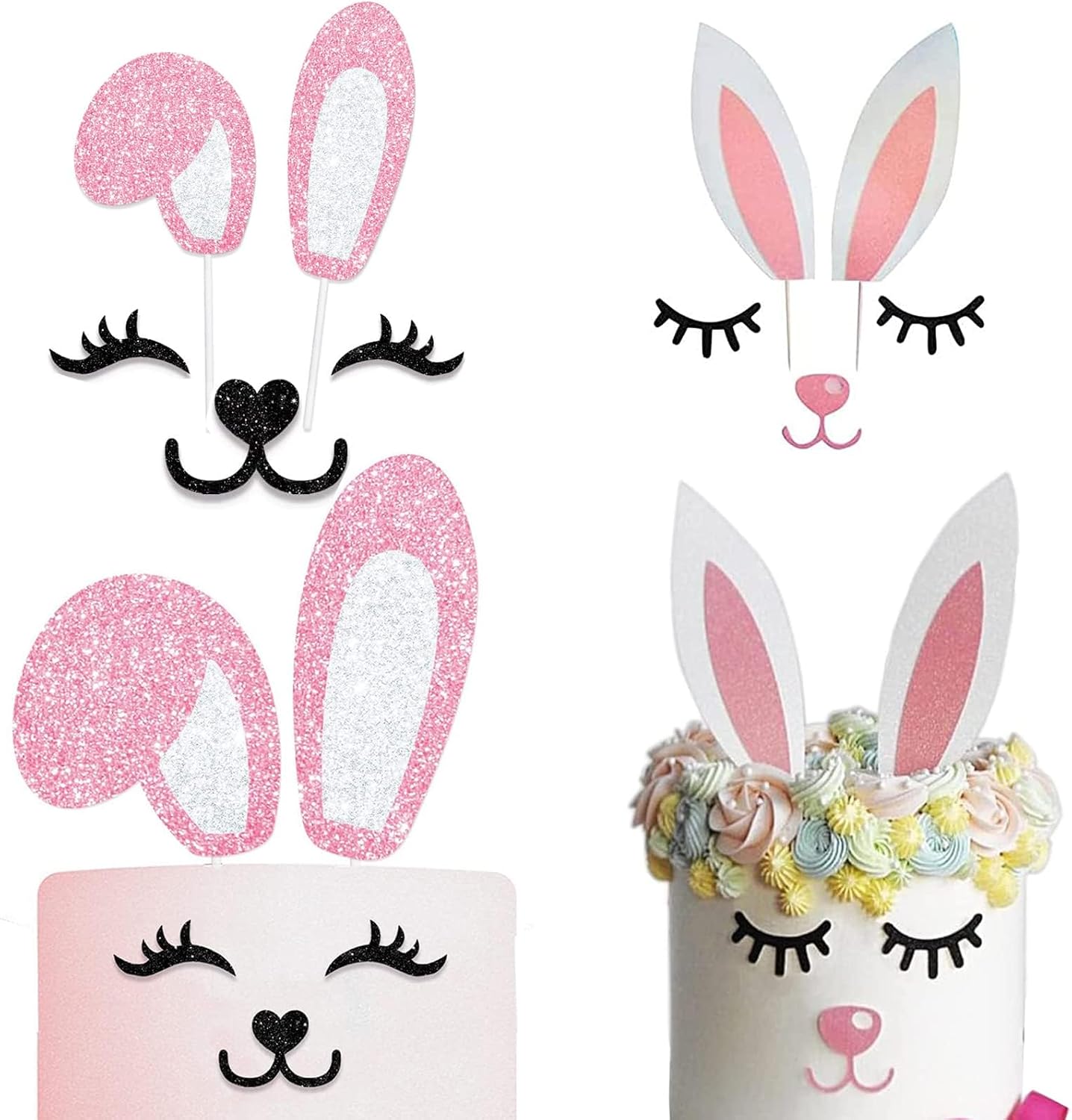 Easter Bunny Ears Cake Topper Decorations with Eyelashes Nose Picks for Easter Rabbit Theme, Birthday, Wedding, Baby Shower, Spring Easter Party Decor Supplies