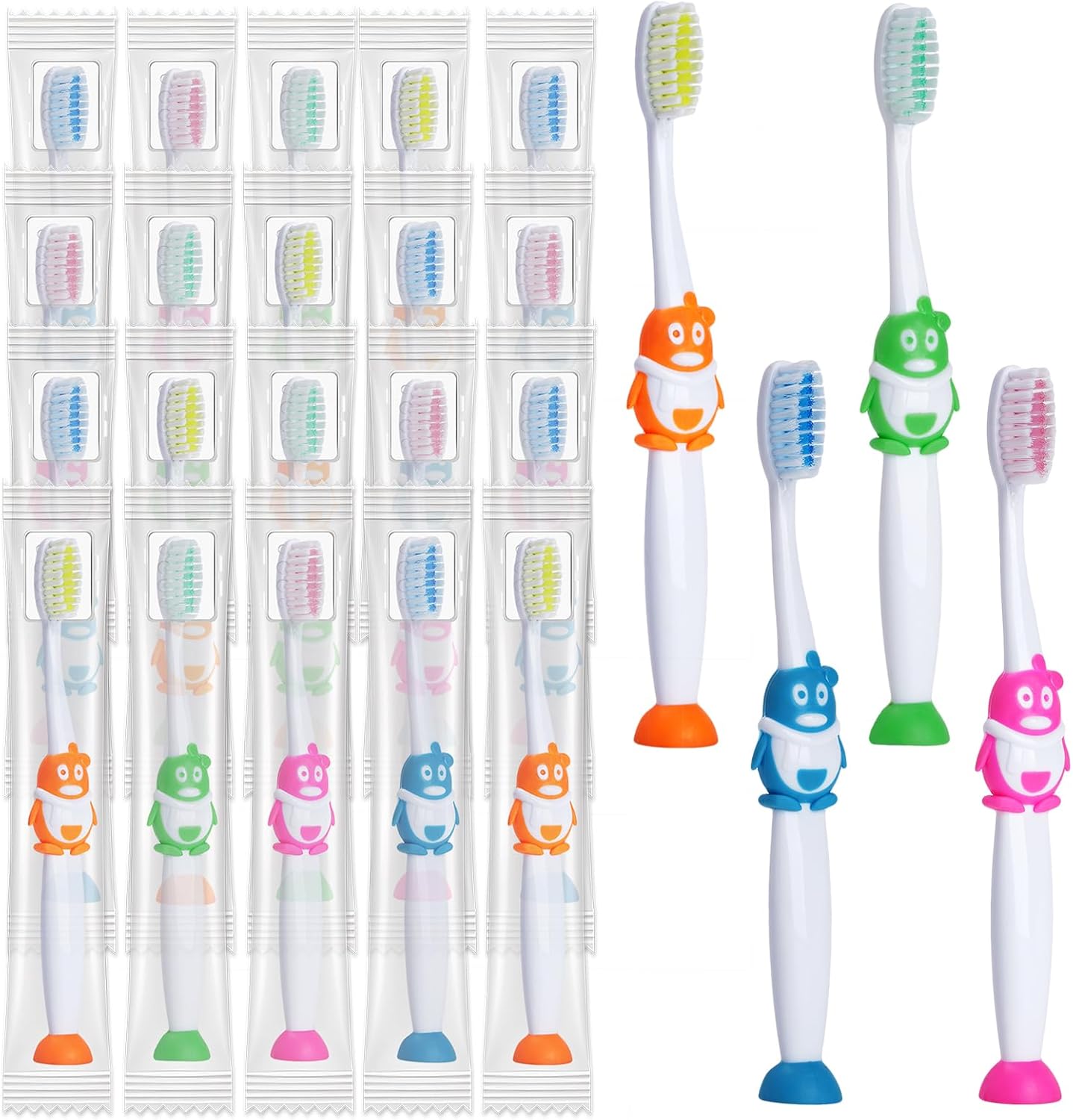 100 Pack Kids Toothbrush Soft Bristles Toddler Cute Toothbrush Bulk with Suction Cup, Includes Travel Covers, Individually Wrapped Toothbrushes for Kid Home School Daycare Camp (Penguin)
