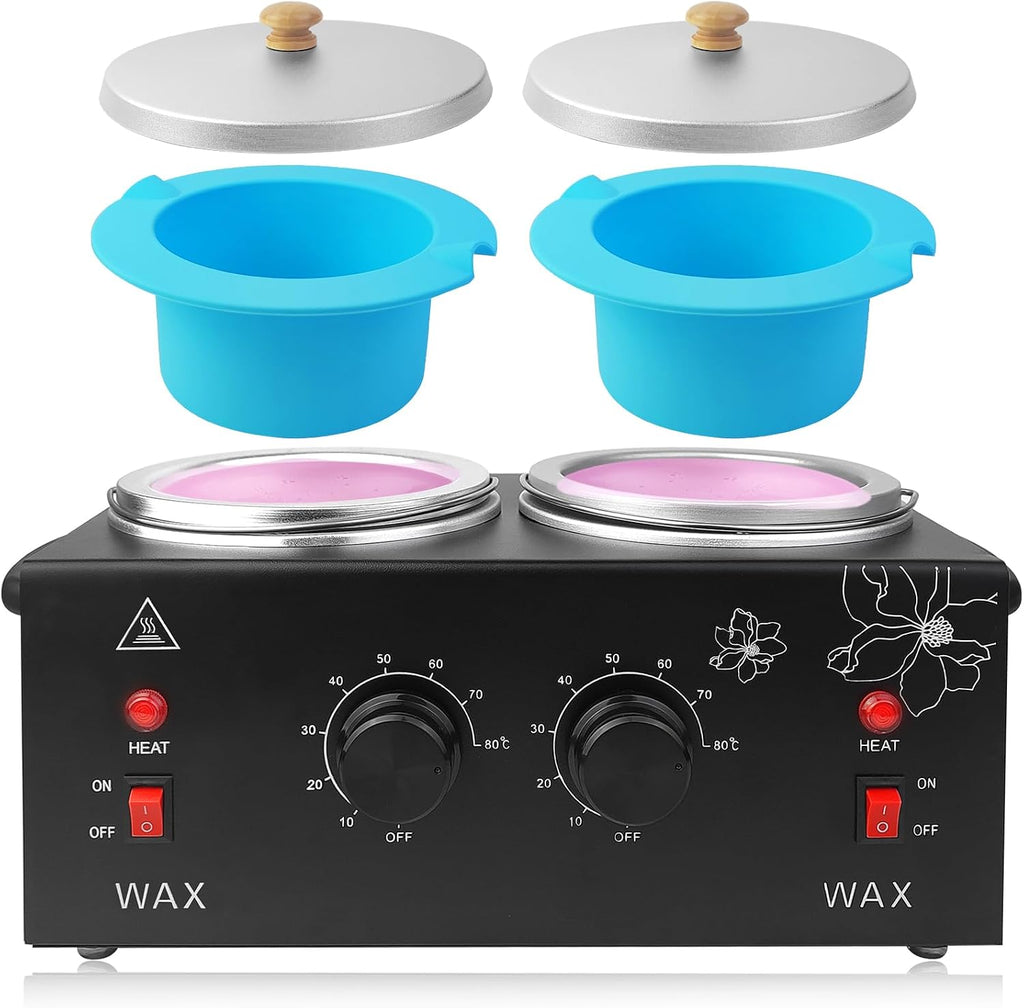 Portable Wax Warmer Machine for Painless Hair Removal, Women Men Professional Wax Heater with Adjustable Temperature Set, 40pcs Sticks, 2 Silicone Bowls (Black - Double Pots)