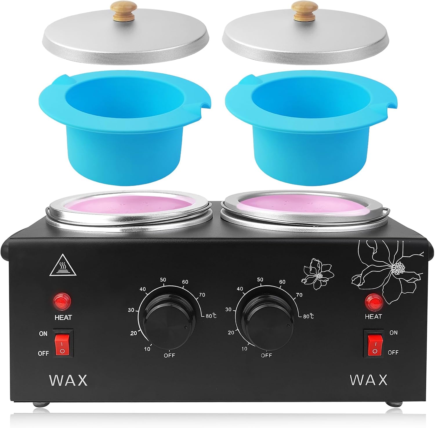 Portable Wax Warmer Machine for Painless Hair Removal, Women Men Professional Wax Heater with Adjustable Temperature Set, 40pcs Sticks, 2 Silicone Bowls (Black - Double Pots)
