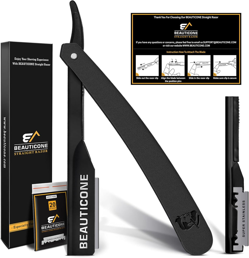 BEAUTICONE® Straight Razors for Men – Professional Barber Straight Edge Razor Kit with Replaceable Single Edge Blades - Navajas Para Barbero - Pouch Gift Box 1.2 mm Exposed for Close Shave Ultra Light