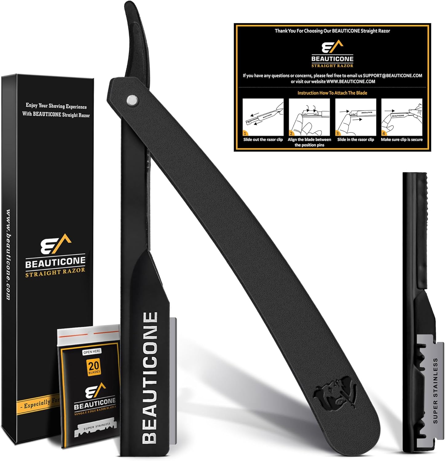 BEAUTICONE® Straight Razors for Men – Professional Barber Straight Edge Razor Kit with Replaceable Single Edge Blades - Navajas Para Barbero - Pouch Gift Box 1.2 mm Exposed for Close Shave Ultra Light
