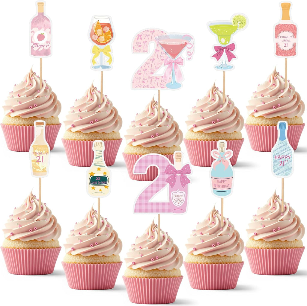Hahafelt 30 Kit Happy 21st Birthday Cupcake Toppers, Twenty One Cupcake Picks Cheers to 21 Years Old Pink Champagne Wine Bottle 21st Birthday Decorations for Anniversary Party