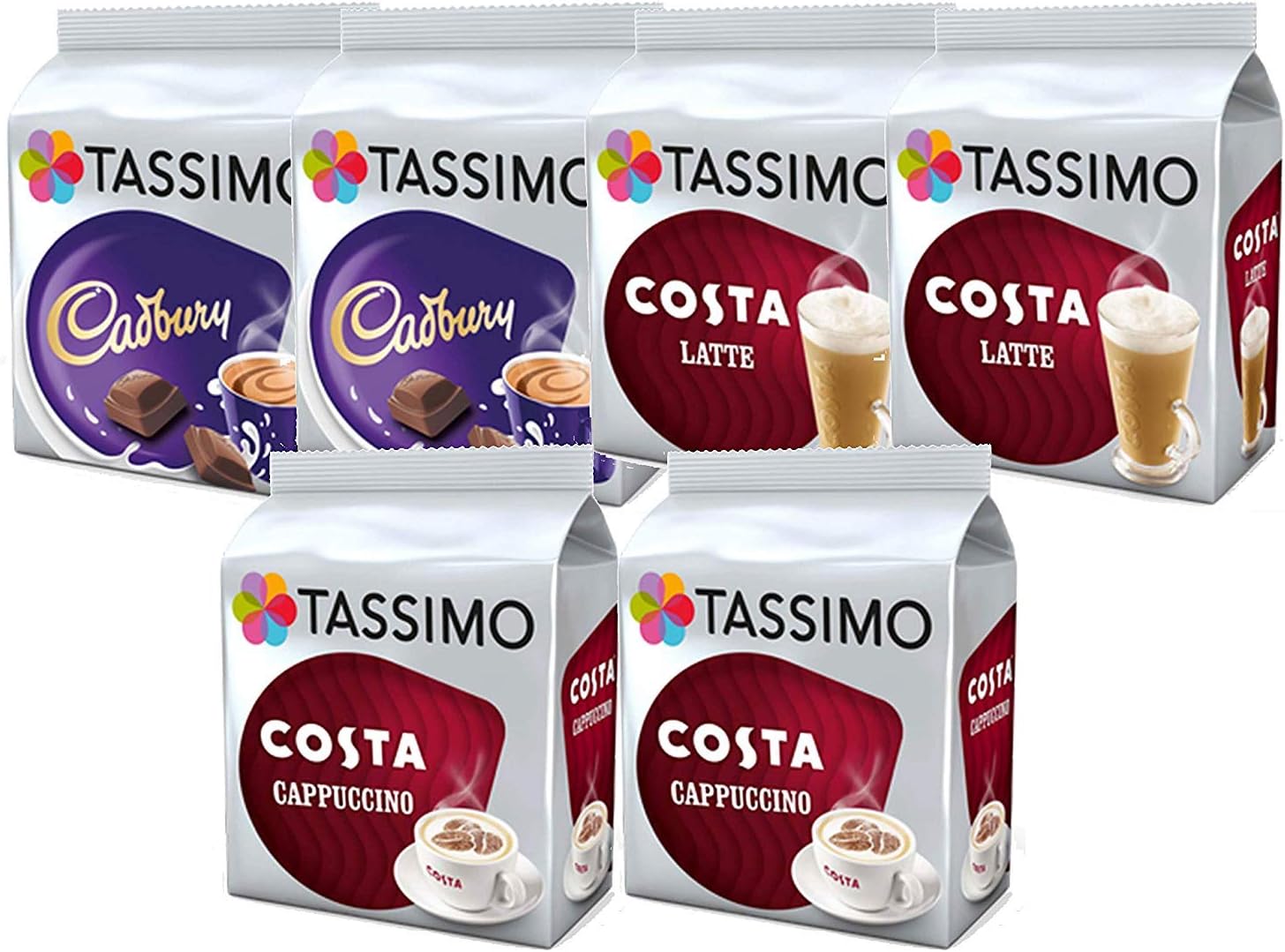 Tassimo Coffee Selection - Costa Latte/Costa Cappuccino/Cadburys Hot Chocolate -6 Packs (48 Servings)