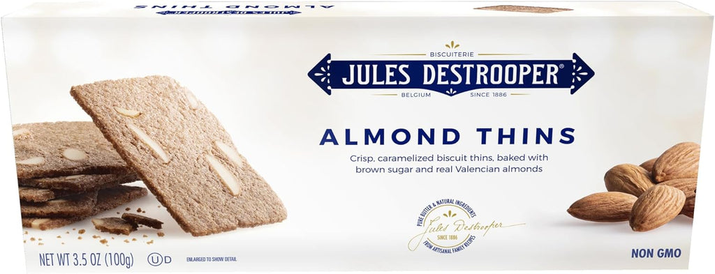 Jules Destrooper Almond Thins - Caramelized Almond Cookies, Certified Kosher Dairy, Non-GMO, Authentic Biscuits Made in Belgium - 3.5 Oz