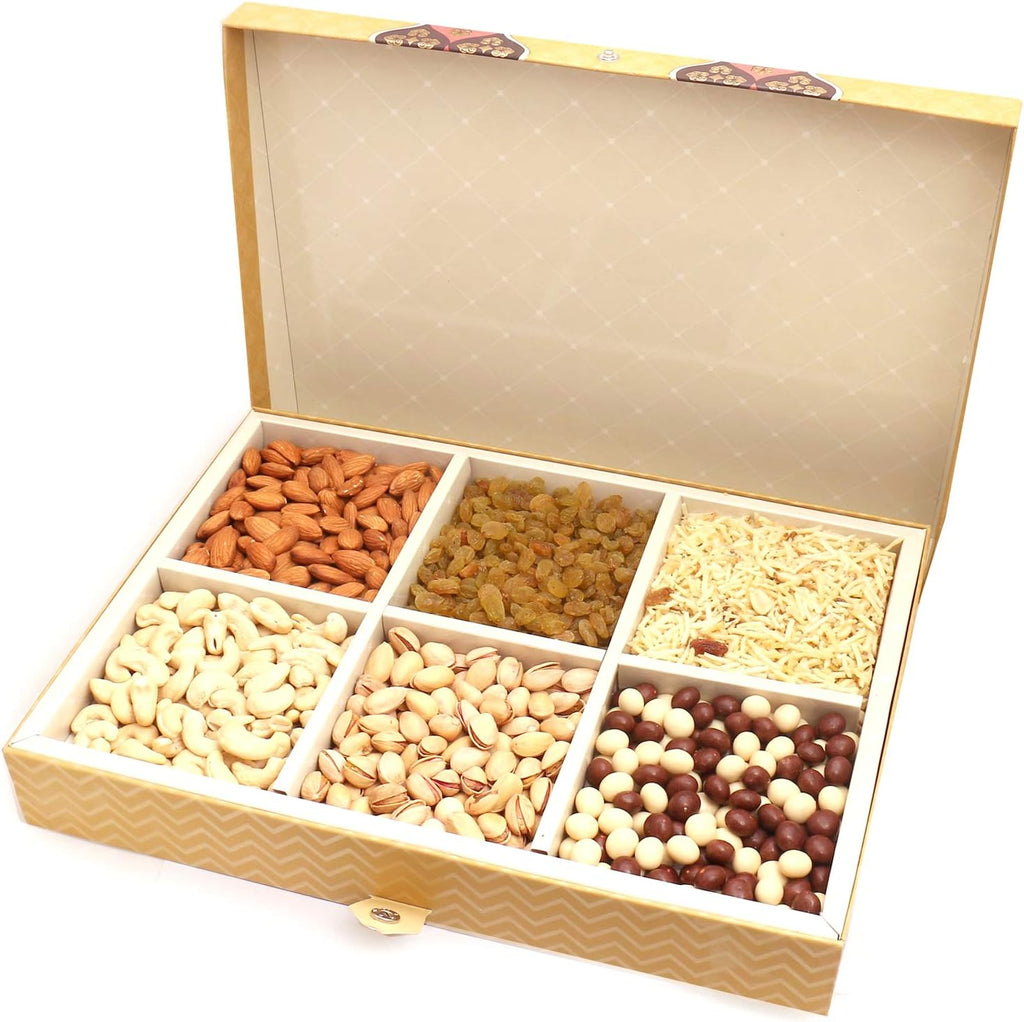Ghasitaram Gifts Diwali Gifts Diwali Dryfruit - Gold 6 Print Hamper Box with Dryfruits, Namkeen and Nutties 1500 GMS