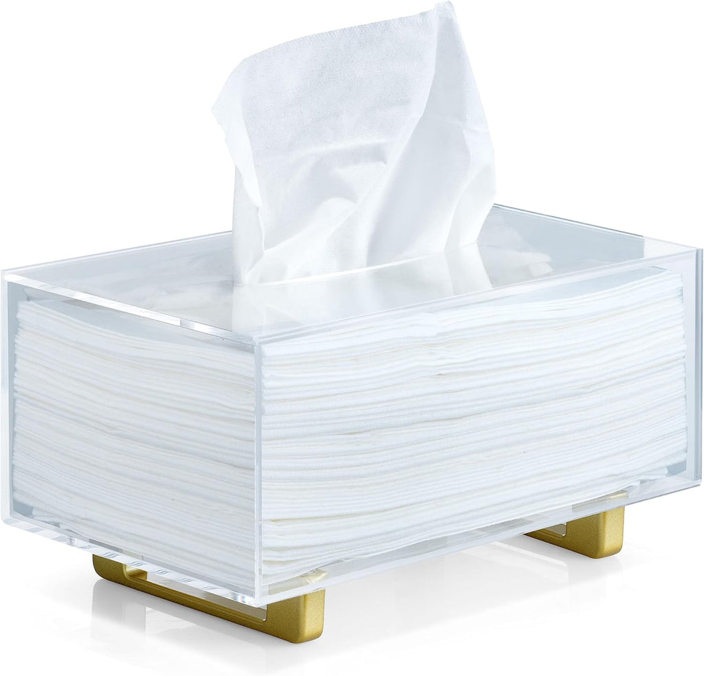 YoBa Thick Acrylic Tissue Box Holder Rectangular Clear Tissue Box Dispenser with Gold Plated Aluminum Legs for Bathroom, Kitchen, Bedroom, Office, Hotels and Restaurant