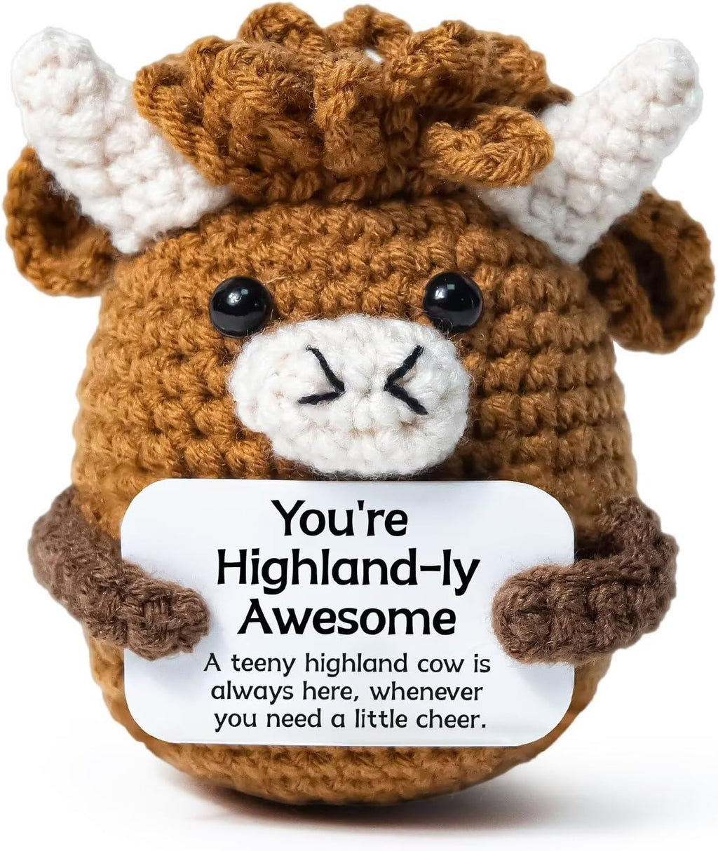 Highland Cow Gifts, Positive Crochet Animals with Positive Messages, Emotional Support Highland Cows of Desk Decor for Women Men Coworker Friends, Awesome Crochet Cow Gifts for Birthday