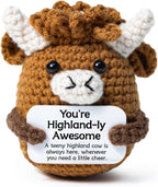 Highland Cow Gifts, Positive Crochet Animals with Positive Messages, Emotional Support Highland Cows of Desk Decor for Women Men Coworker Friends, Awesome Crochet Cow Gifts for Birthday
