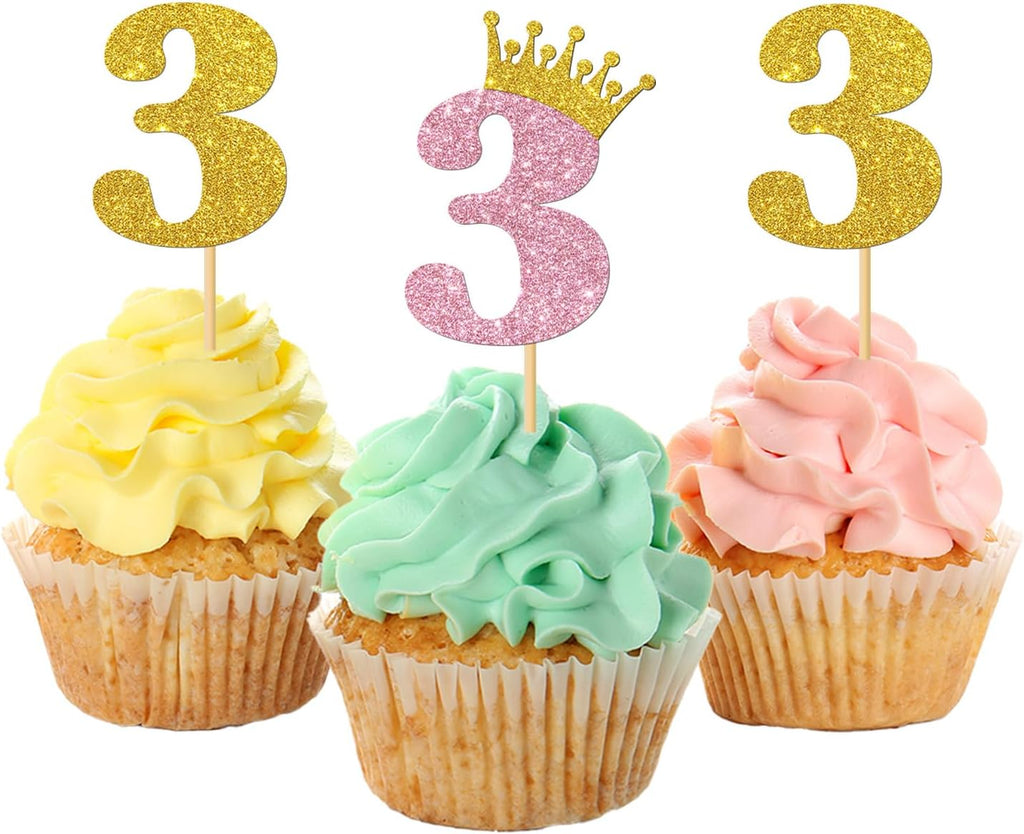 3rd Birthday Cupcake Toppers/Children Girls 3rd Birthday Cupcake Toppers/Crown Three Years Old/Kids Bday Party Decorations Number 3 / Glitter - 24 Pcs