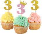 3rd Birthday Cupcake Toppers/Children Girls 3rd Birthday Cupcake Toppers/Crown Three Years Old/Kids Bday Party Decorations Number 3 / Glitter - 24 Pcs