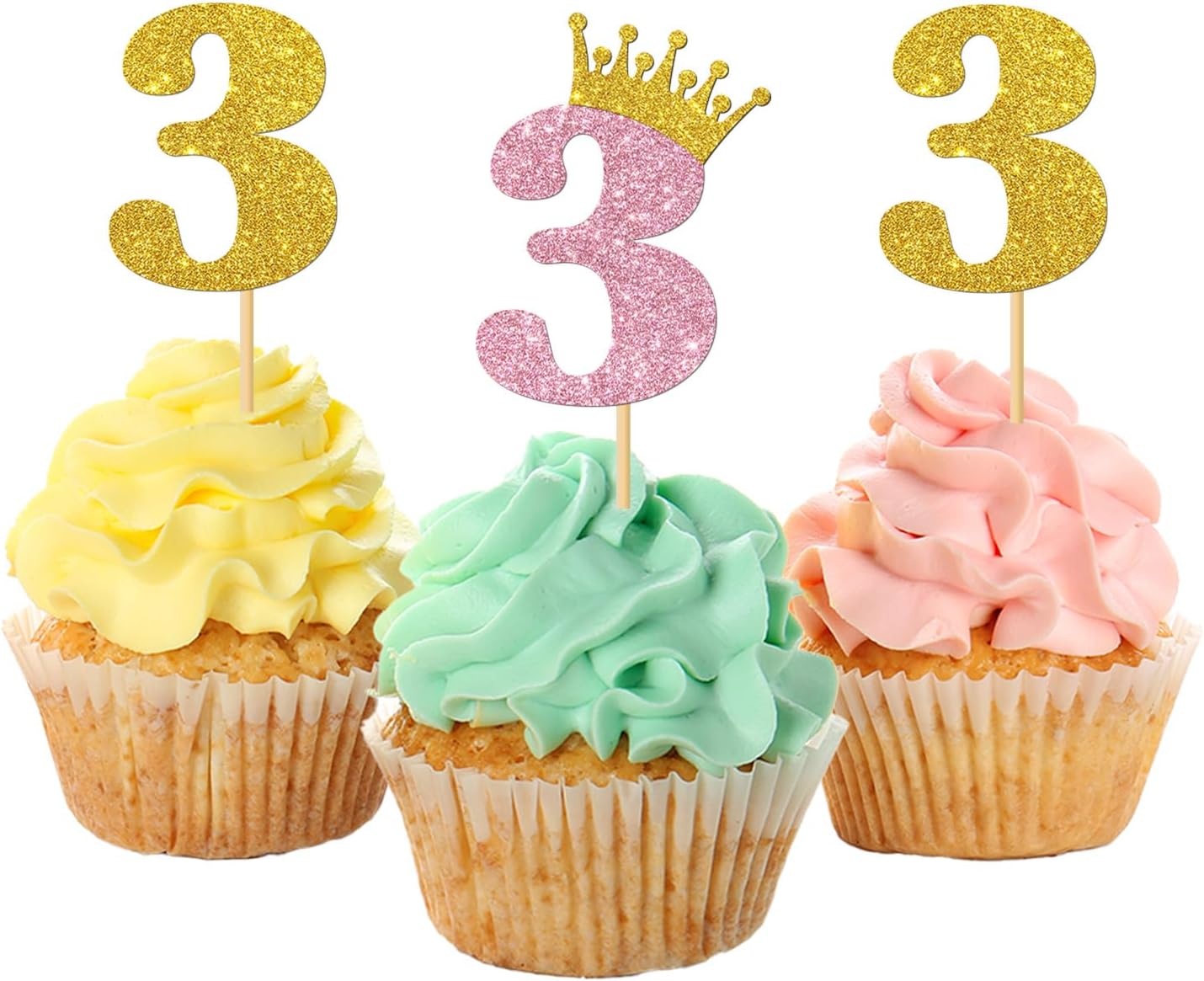 3rd Birthday Cupcake Toppers/Children Girls 3rd Birthday Cupcake Toppers/Crown Three Years Old/Kids Bday Party Decorations Number 3 / Glitter - 24 Pcs