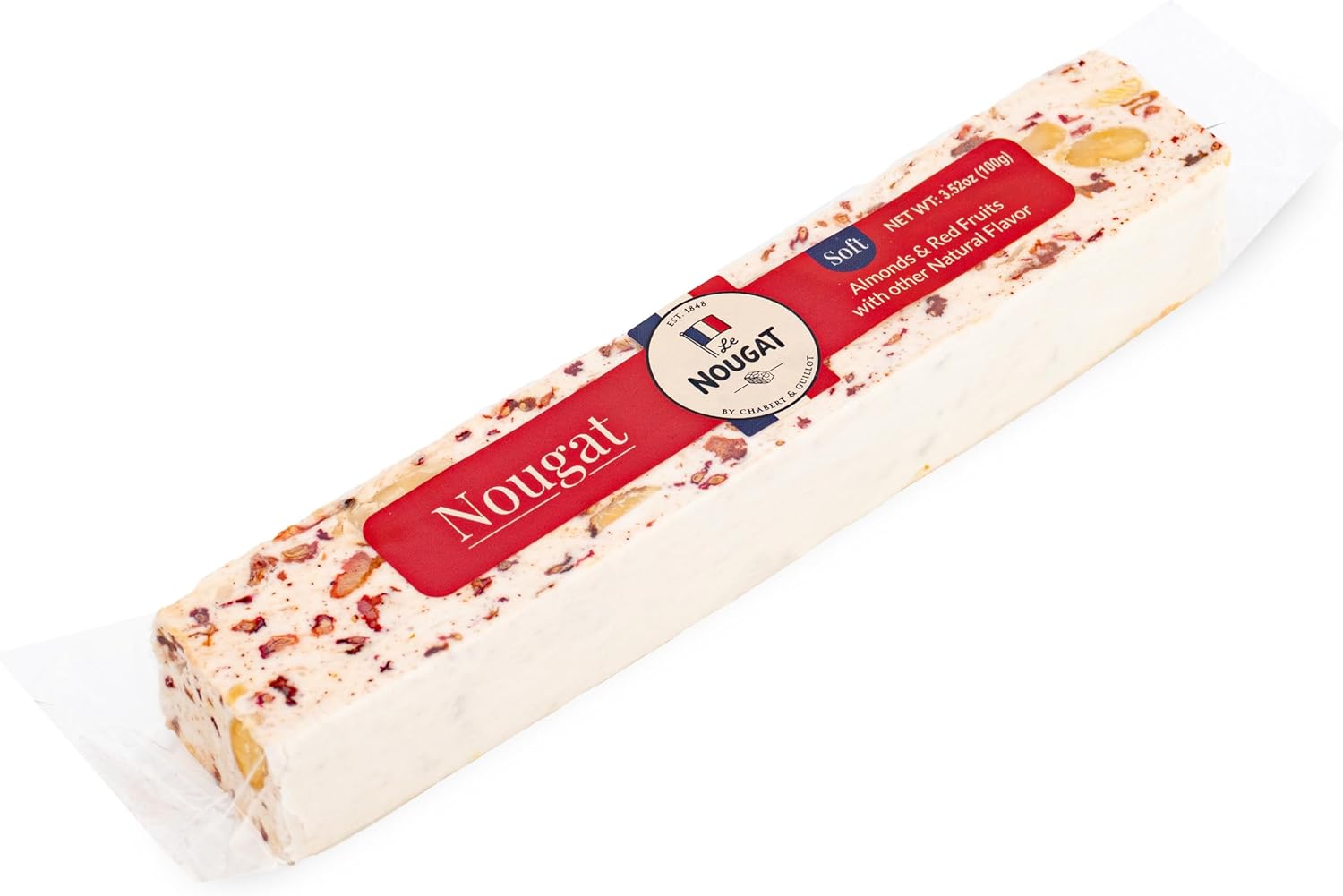 Soft Red Fruits Nougat Bar Almond Honey French Nougat Snack ‒ Strawberries Raspberries Cherries ‒ Authentic Soft French Confection 3.52 oz