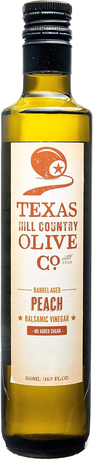 Peach Balsamic Vinegar - Gourmet Barrel Aged Infused Balsamic Vinegar - Great for Dressing Dipping Glazing - No Artificial Flavors or Added Sugar - Made in Texas (16.9 oz)