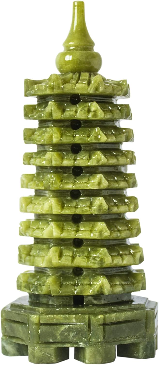 Green Natural Jade Nine-Storey Wenchang Tower Pagoda Statue Fengshui Handmade Figure Hand Carved Collection Arts Home Decor Ornaments