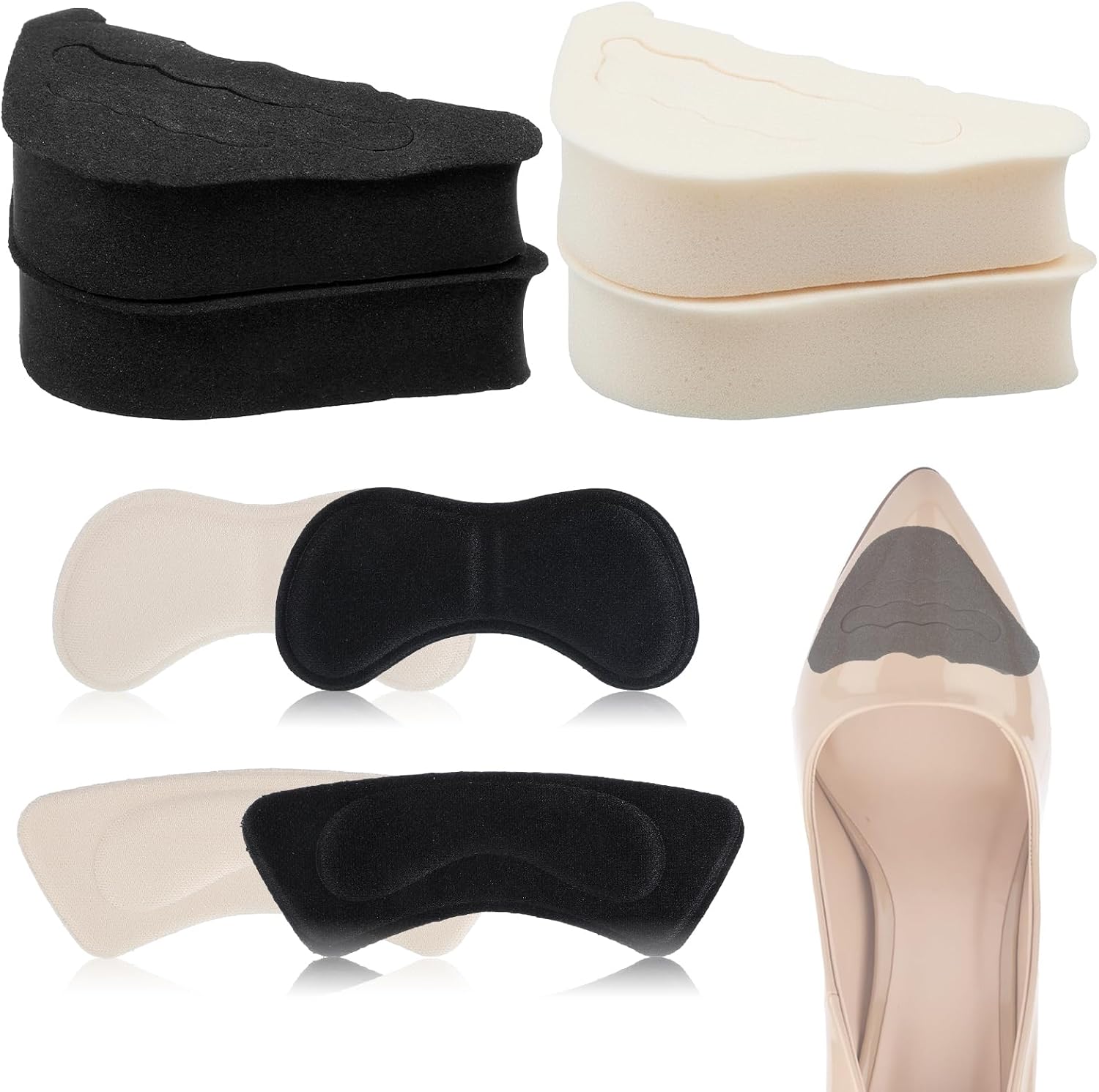 16 Pcs Shoe Filler Heel Pads for Womens Shoes, Shoe Filler Inserts for Loose Shoes Adjustable Toe Cushion Heel Grips for Heels, Sneaker, Boots, Women and Men, Pain Relief and Comfort (Black, Beige