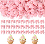50 PCS Pink Bow Cupcake Toppers, Lovely Bows for Cake Decorating, Long-Lasting & Fade-Resistant, for Wedding Baby Shower Party Dessert Decor (Not Edible)