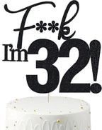 32 Funny Birthday Cake Toppers - Black Glitter, For Men & Women, 32nd Birthday Decorations