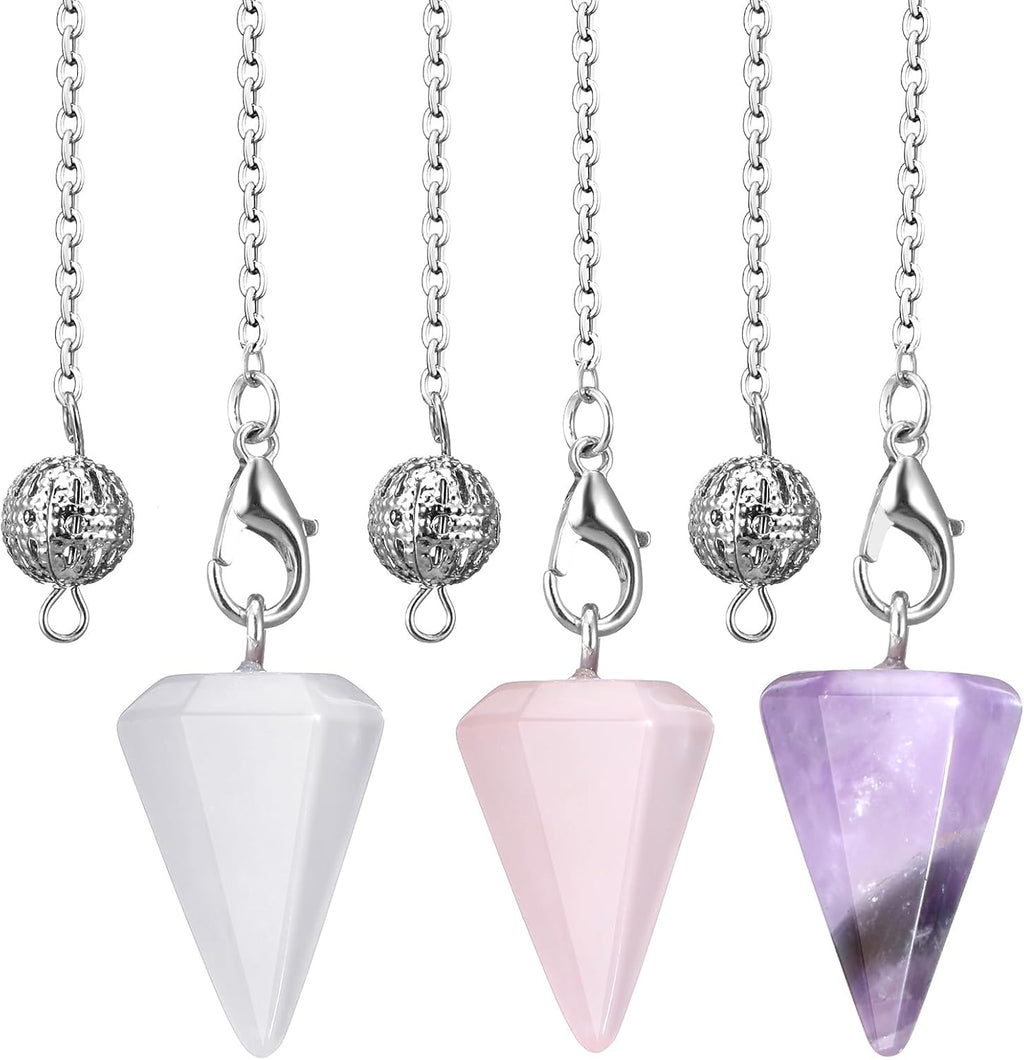 3 Pcs Crystal Pendulums Set for Divination Dowsing, Natural Amethyst Rose Quartz Clear Quartz Hexagonal Divination Tools Healing Crystal Hexagonal Pointed Cone Spiritual Gemstone Pendant Witchc