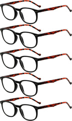 Eyekepper 5-Pack Spring Hinges 80's Classic Reading Glasses Black Frame Tortoise Arm +1.75