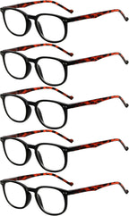 Eyekepper 5-Pack Spring Hinges 80's Classic Reading Glasses Black Frame Tortoise Arm +0.75