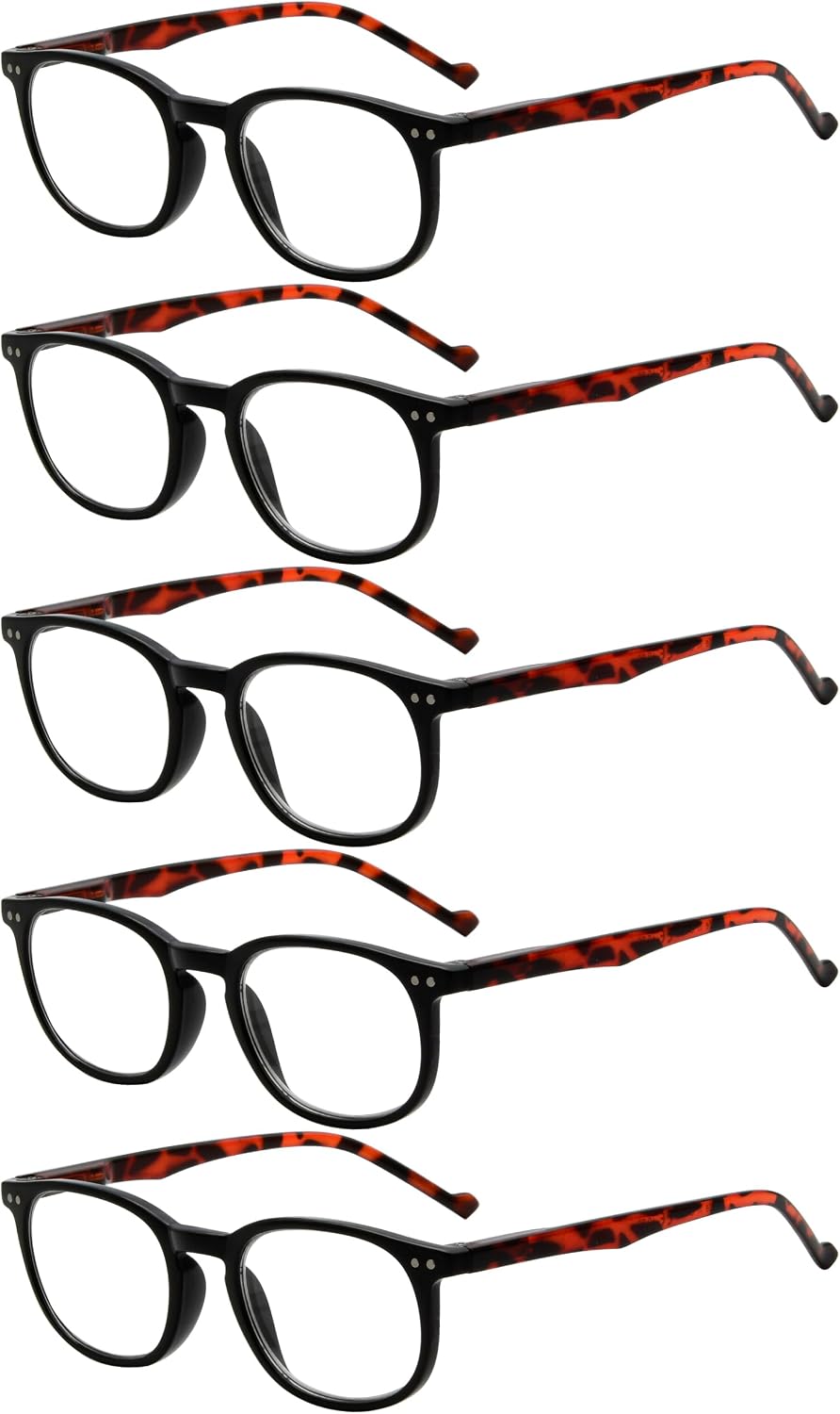 Eyekepper 5-Pack Spring Hinges 80's Classic Reading Glasses Black Frame Tortoise Arm +2.75