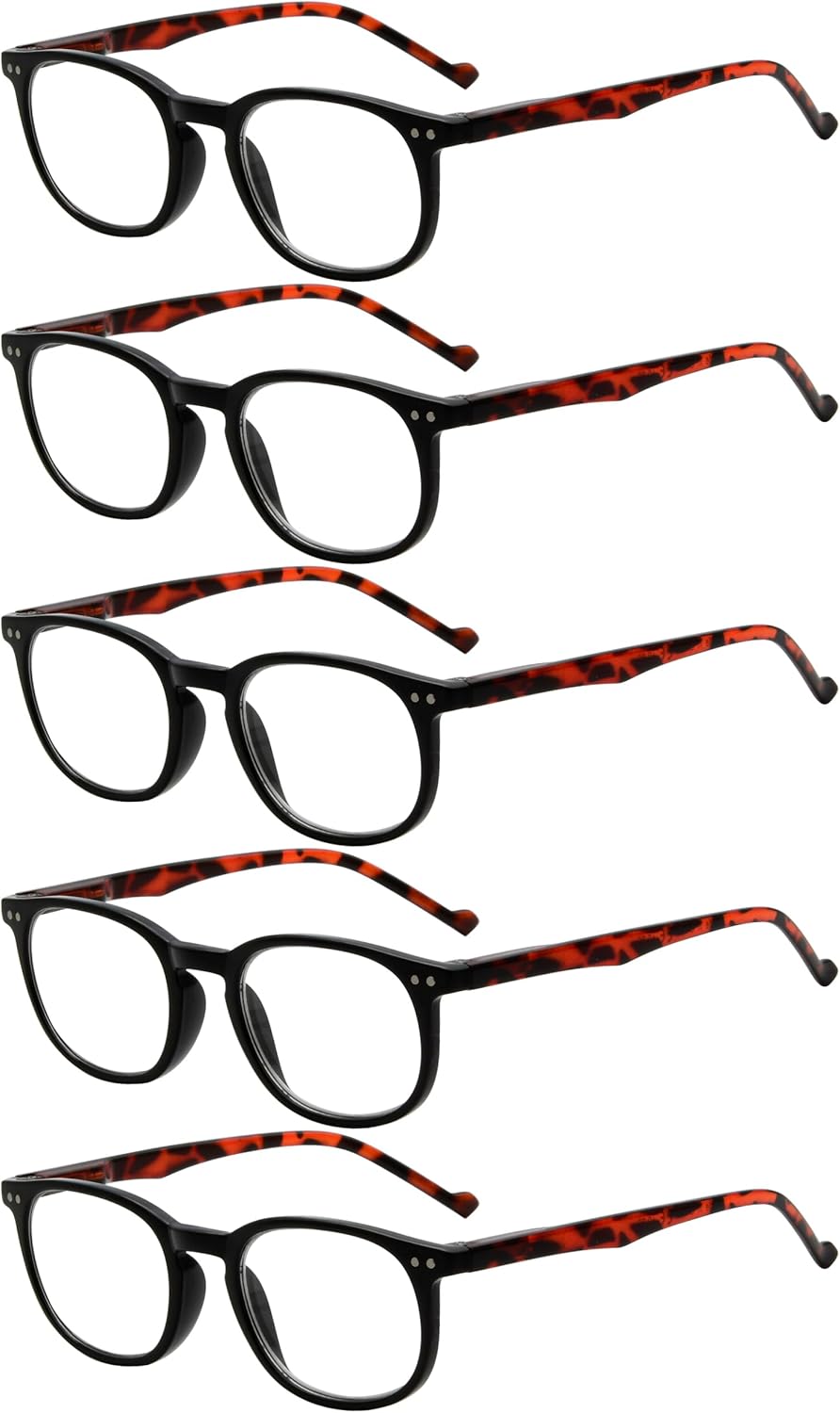 Eyekepper 5-Pack Spring Hinges 80's Classic Reading Glasses Black Frame Tortoise Arm +1.25