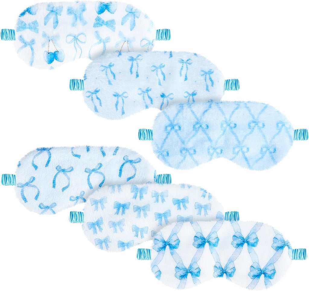 Cuffbow 6 Pack Plush Sleep Mask Set, Cute Plush Eye Masks for Sleeping, Soft Comfortable Travel Nap Blindfold, Sleepover Party Favors for Women(Bow,Blue)