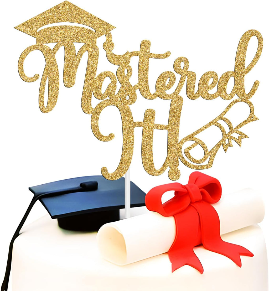 Mastered it Cake Topper, Happy Master's Degree/You Did It, Congrats Grad Graduate, Master Graduation Party Decorations Supplies, Gold Glitter
