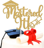 Mastered it Cake Topper, Happy Master's Degree/You Did It, Congrats Grad Graduate, Master Graduation Party Decorations Supplies, Gold Glitter