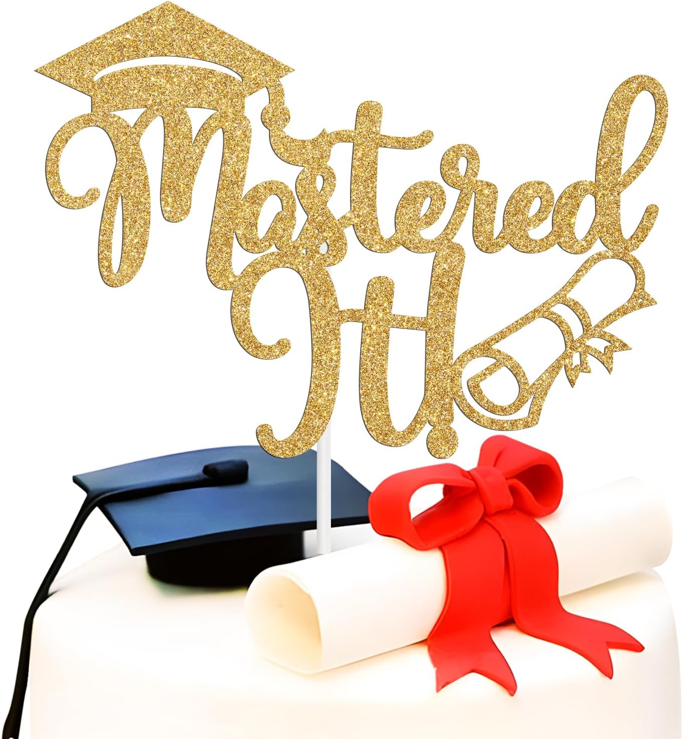 Mastered it Cake Topper, Happy Master's Degree/You Did It, Congrats Grad Graduate, Master Graduation Party Decorations Supplies, Gold Glitter