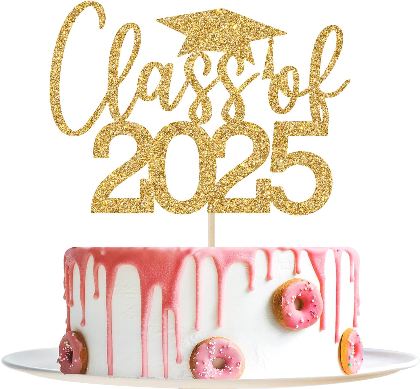 Class of 2025 Cake Topper, Congrats Grad Decorations, 2025 Grad Decor, Congratulations, High School College Graduation Party Decorations (Gold Glitter)